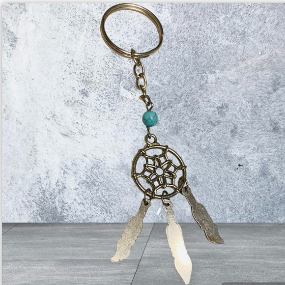 Dream Catcher Key Chain Silver Tone Simulated Turquoise Dangle Feathers VTG 70’s - Picture 5 of 12